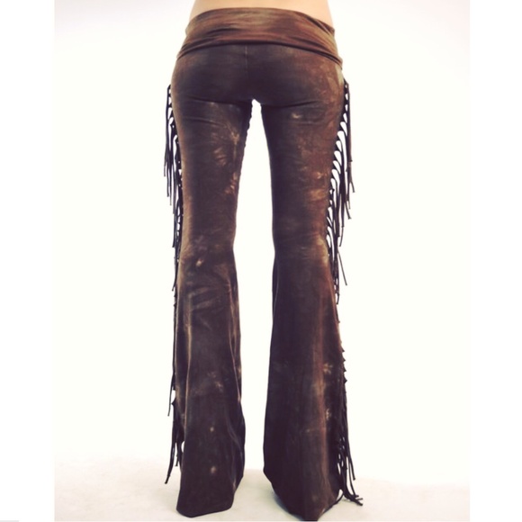 SHORT LENGTH Hiphugger Fringe Bell Bottoms in BROWN TIE DYE Rocker Festival Boho - Picture 9 of 13